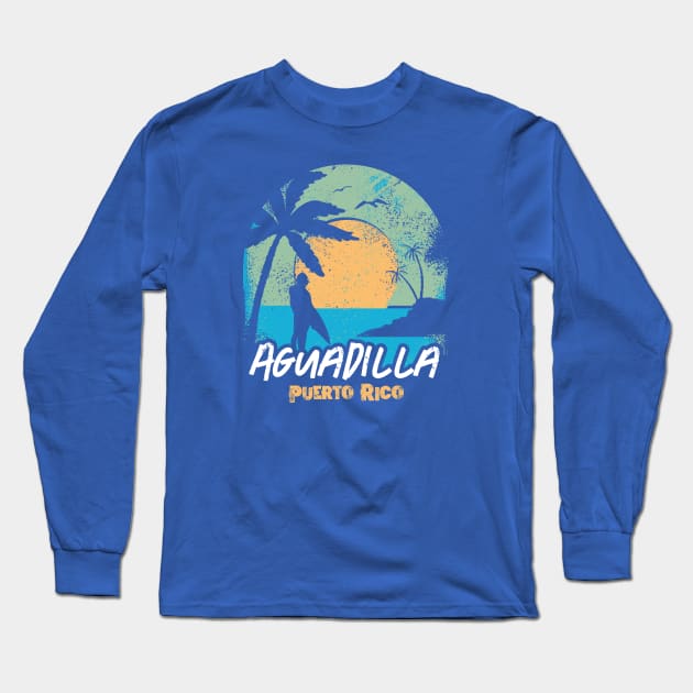 Retro Sunset Aguadilla Puerto Rico Surfing // Retro Beach Long Sleeve T-Shirt by Now Boarding